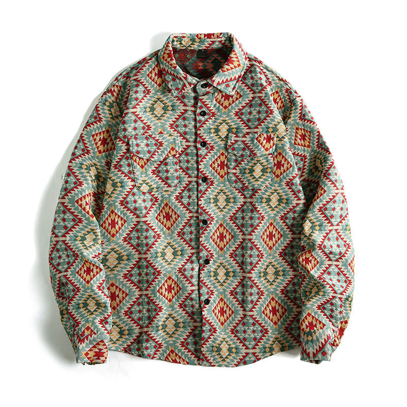 Street-Wave Womens Plaid Shirt Jacket Geometric Aztec Print Cozy Casual Layering Piece