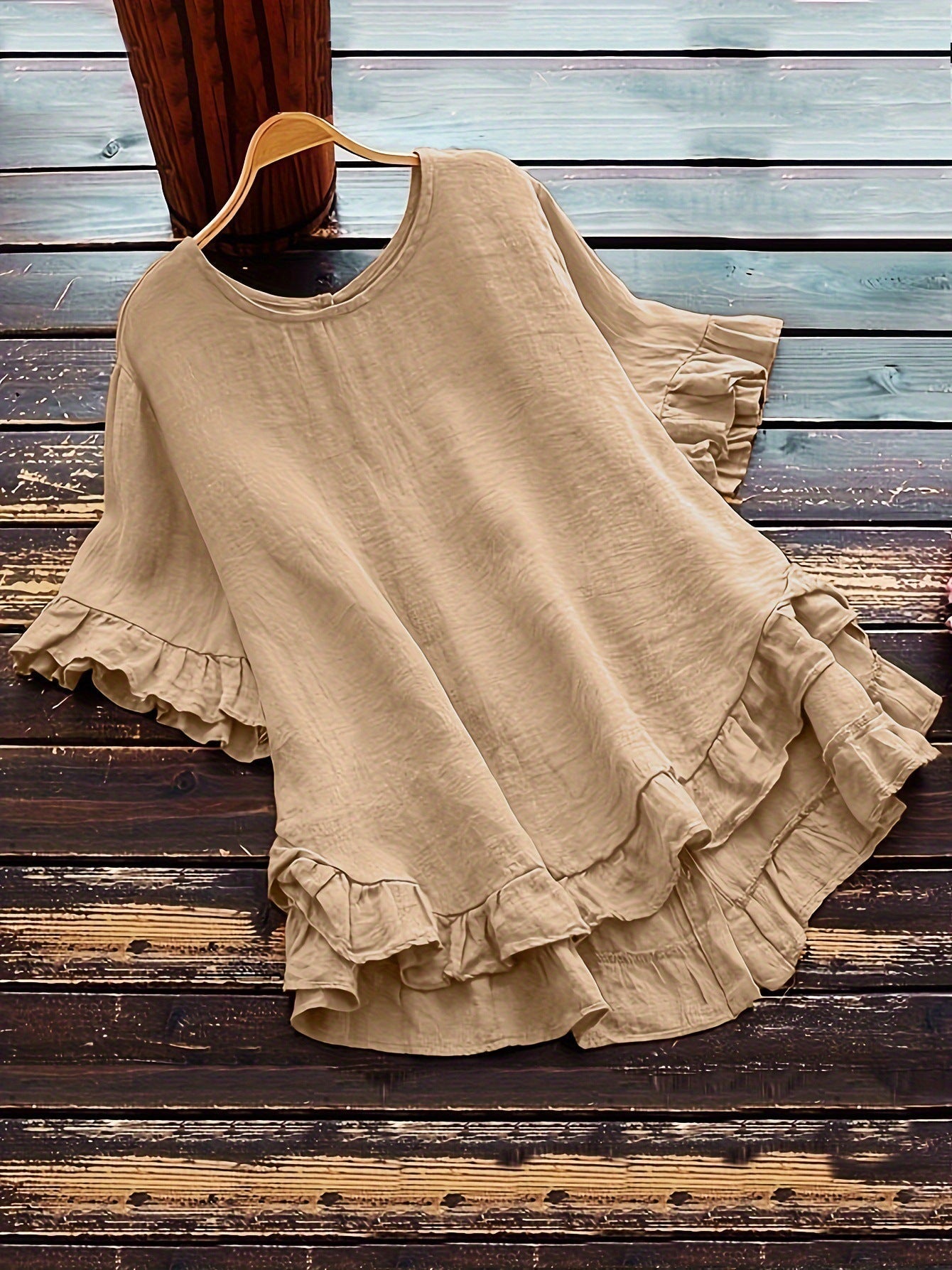 Street Wave Women's Ruffle Detail Loose Fit Top Breathable Cotton Blend Casual Everyday Shirt
