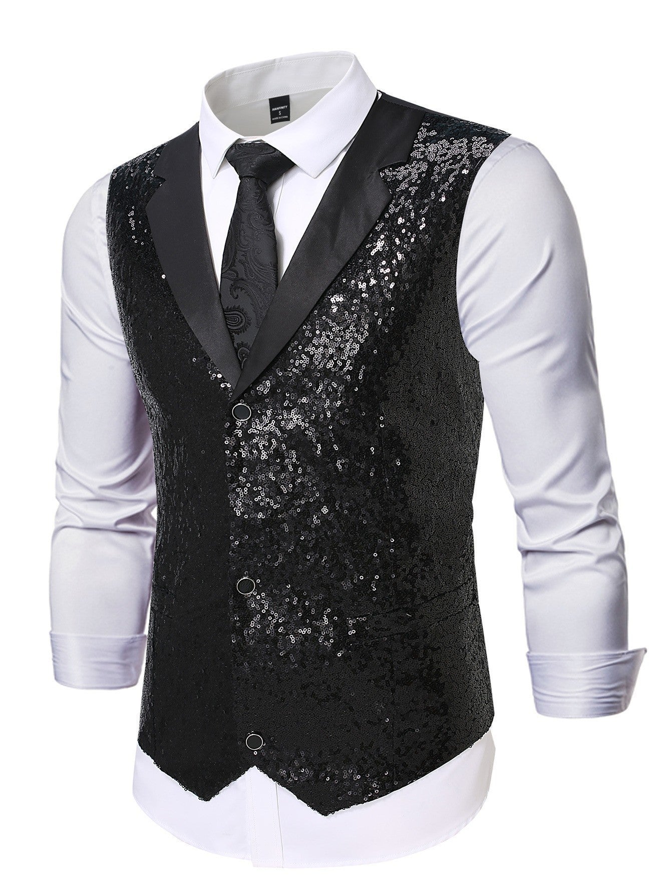 Street-Wave Sequin Vest For Men With Silver Glitter, Classic Cut, Party Ready For Stage And Nightlife Events