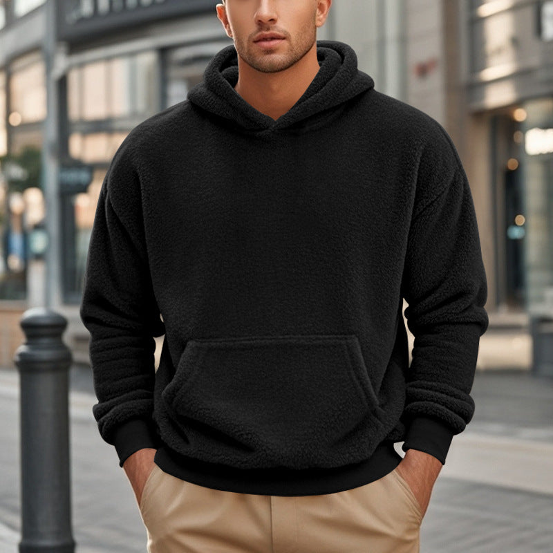 Men's Teddy Fleece Hoodie Street Wave Cozy Warmth With Kangaroo Pocket And Wide Cuffs