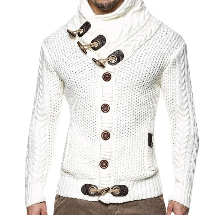 Street-wave Men's Knit Cardigan With Asymmetric Collar And Rustic Wood Button Details