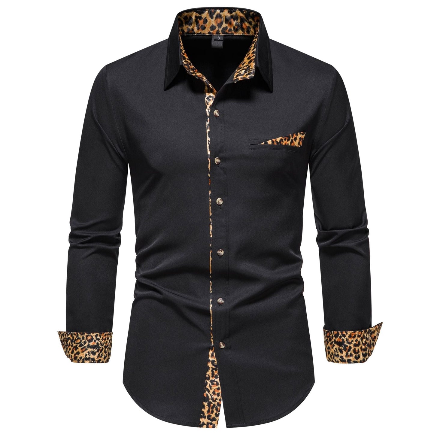 Street-Wave Leopard Print Dress Shirt For Men Elegant Long Sleeve With Leopard Trim
