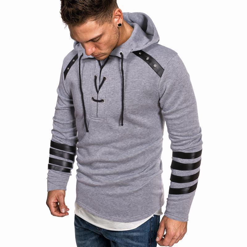Mens Casual Hoodie Street-wave With Arm Strap Accents Leather Look Panels Premium Comfort