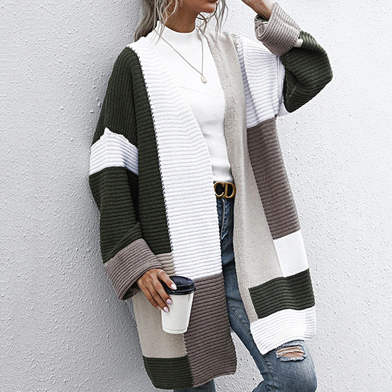 Street-Wave Womens Block Color Knit Cardigan With Loose Fit For Everyday Wear Essential