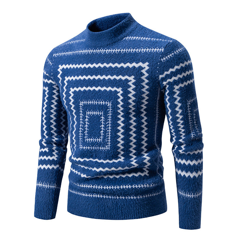 Geometric Pattern Knit Sweater For Women By Street-Wave With High Collar Cozy Wool Pullover