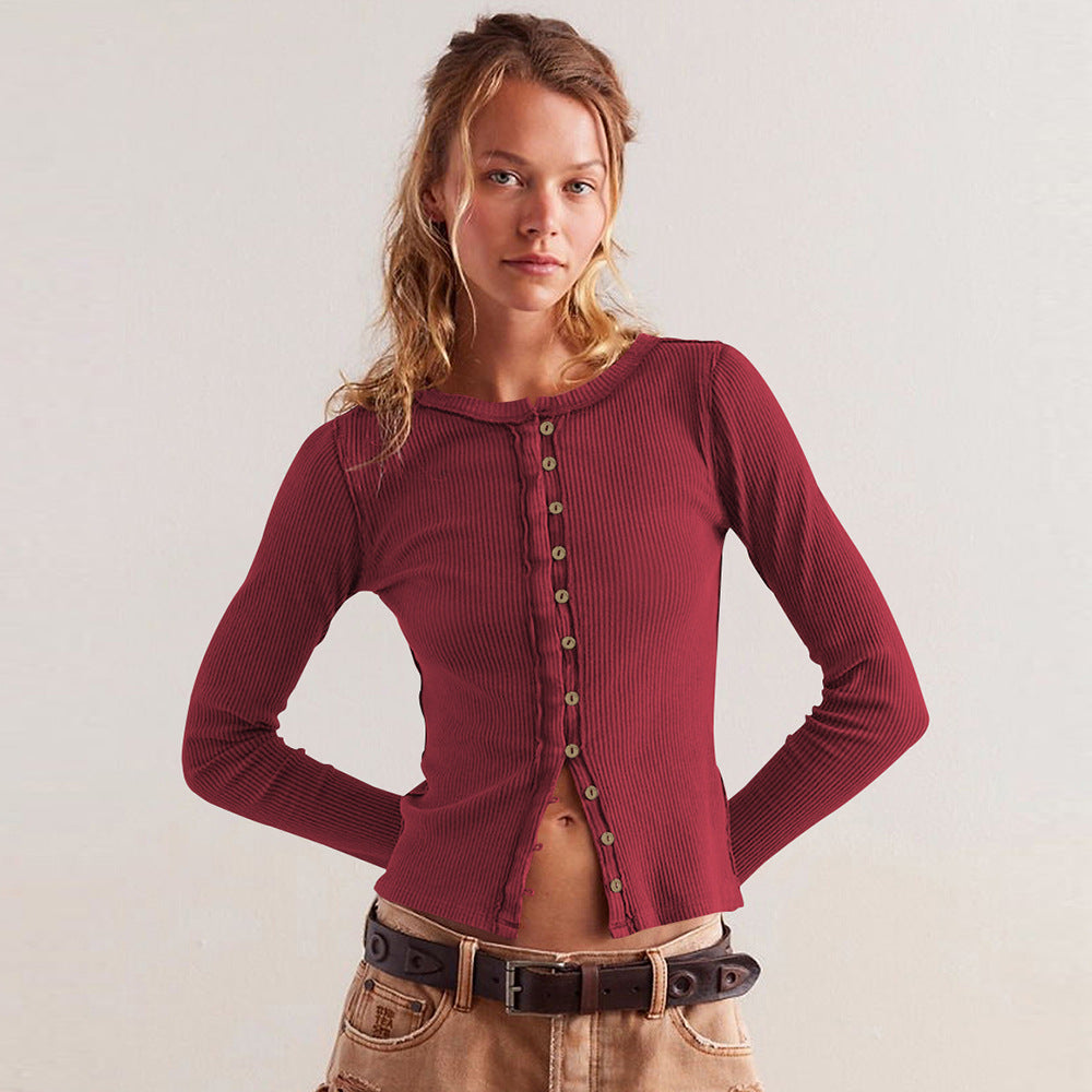 Ribbed Long Sleeve Top With Button Front - Form-Fitting Street-wave For Women, Everyday Essential