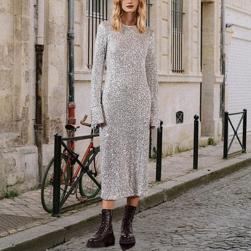 Street-Wave Womens Glitter Long-Sleeve Dress For Festive Events Dazzling Sequin Glamour