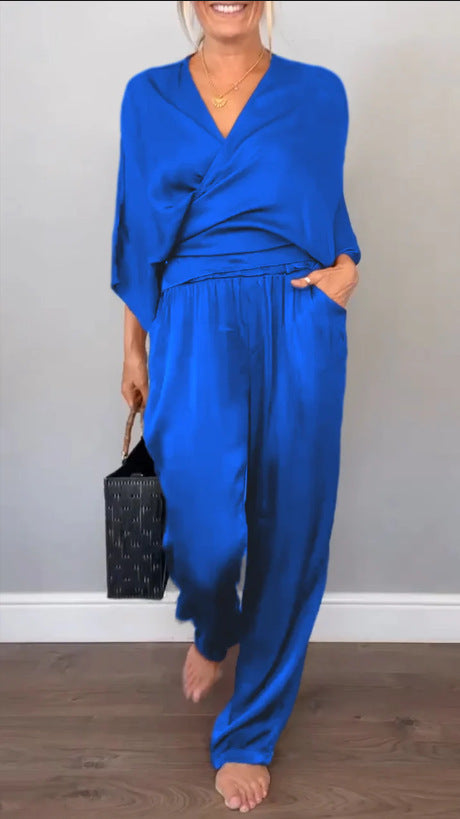 Street Wave Elegant Women Two Piece Satin Set For Office Or Evening Wear Versatile Chic Comfort