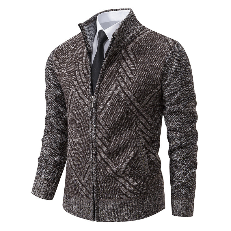 Street Wave Mens Geometric Knit Cardigan Modern Pattern Soft Comfort For Stylish Professionals
