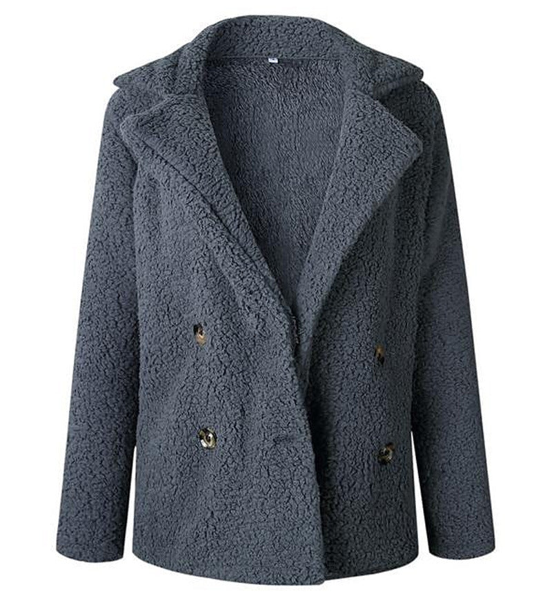 Street-Wave Womens Plush Faux Fur Double-Breasted Blazer Cozy Teddy Texture For Warm Chic Style