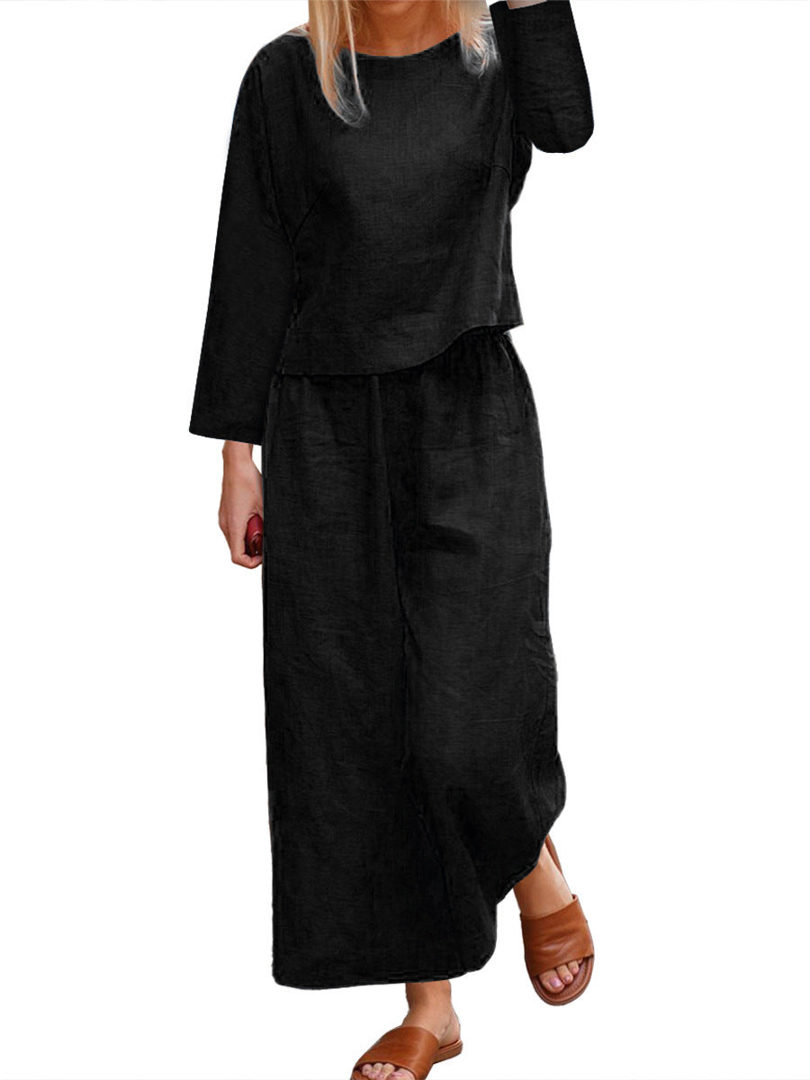 Streetwave Linen Lounge Set For Women With Long Sleeve Top And Wide Leg Pants Relaxed Fit Comfort