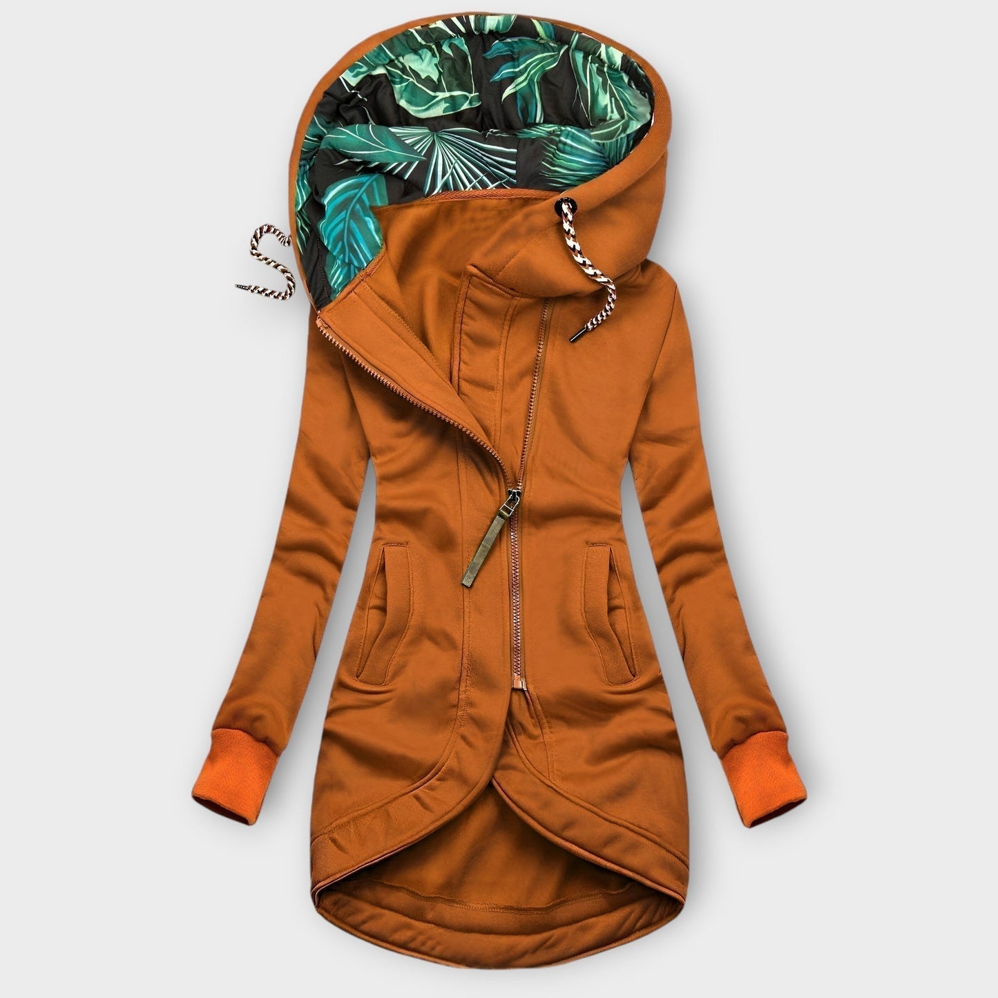 Street-wave Womens Warm And Stylish Hooded Jacket With Cozy Lined Interior And Tropical Leaf Print