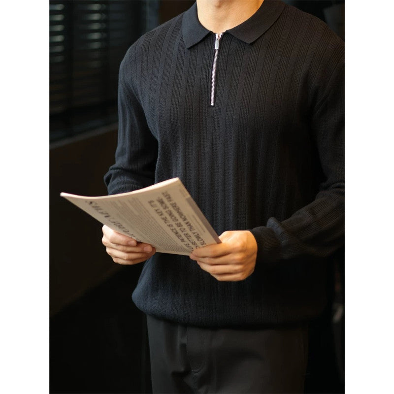 Street Wave Mens Knit Sweater With Zip Collar And Ribbed Texture For Effortless Everyday Style