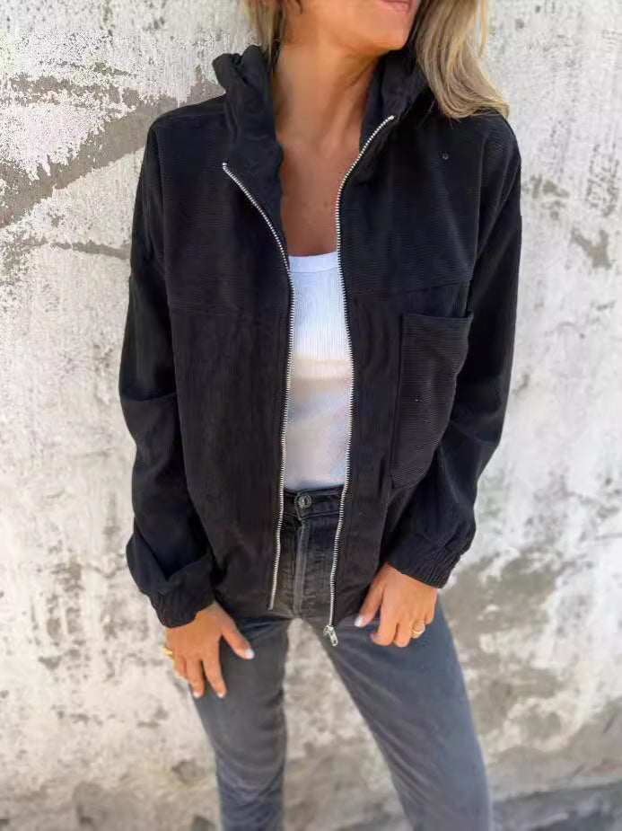 Streetwave Corduroy Hoodie Jacket With Zipper Relaxed Fit Casual Streetwear For Women