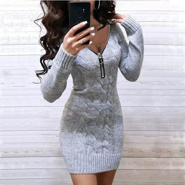 Street-Wave Women's Knit Dress With Zip Detail And Textured Cable Pattern For Chic All Occasions
