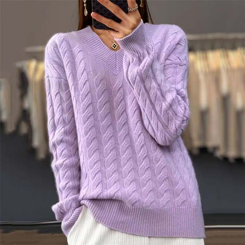 Street-wave Cable Knit Sweater for Women - Soft Warm Acrylic V-Neck Pullover, Cozy Everyday Essential