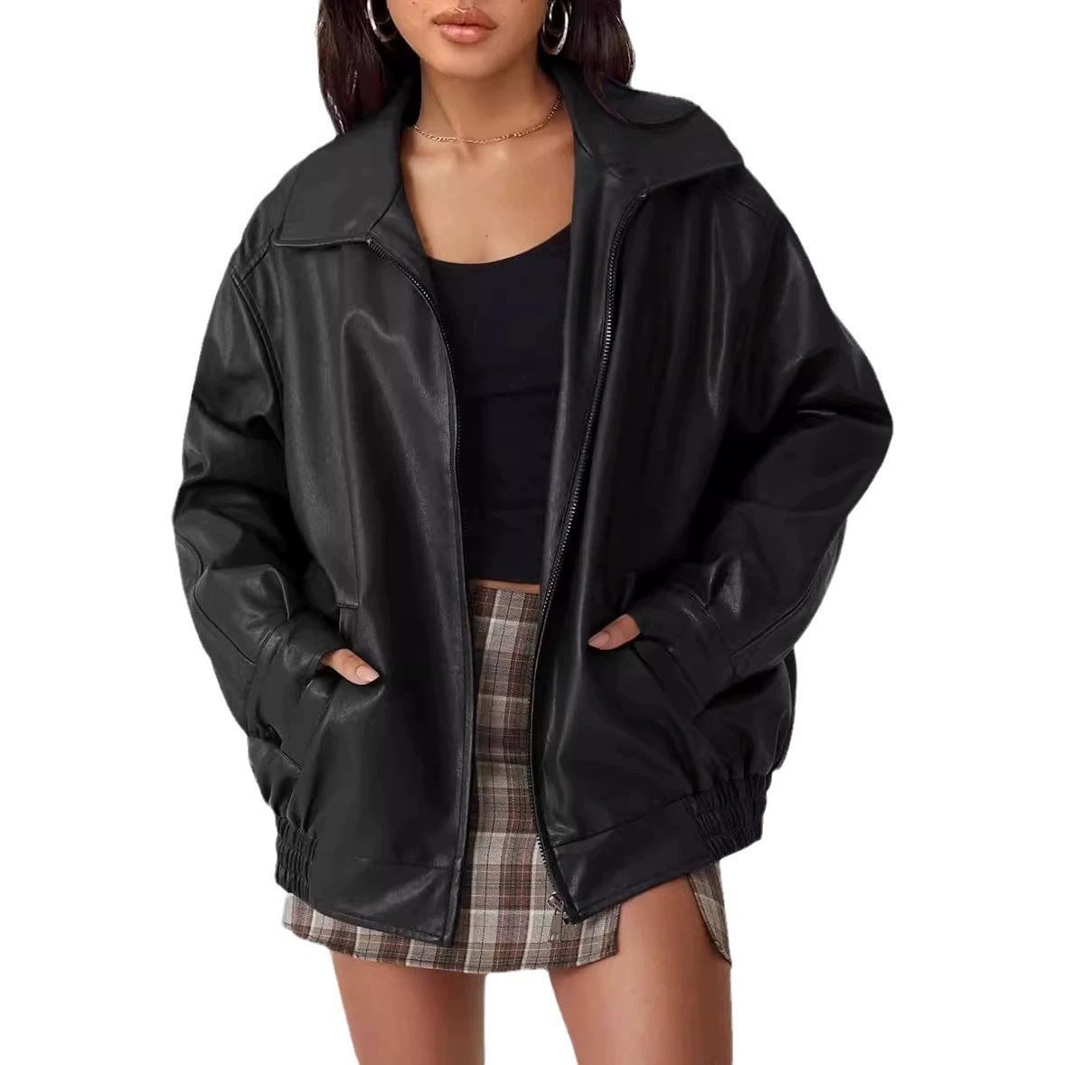 Oversized Leather Jacket Women Street-wave Trendy Soft Faux Leather Outerwear All-Season Comfort