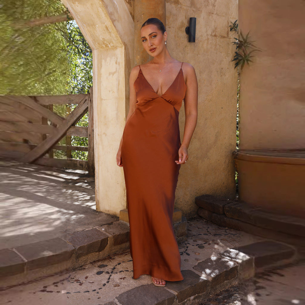 Street Wave Satin Maxi Dress For Women With Elegant V Neck And Flowing Silhouette Perfect For Special Occasions