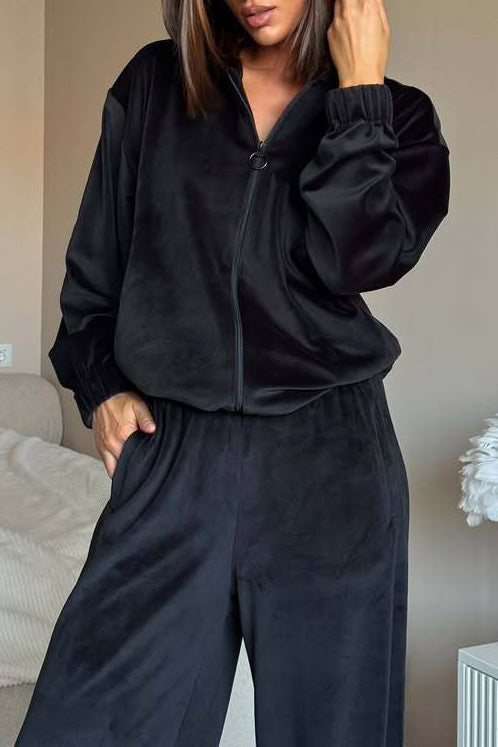 Street-Wave Suede Hoodie Set With Zip Front For Women Cozy Loungewear Two Piece Ensemble