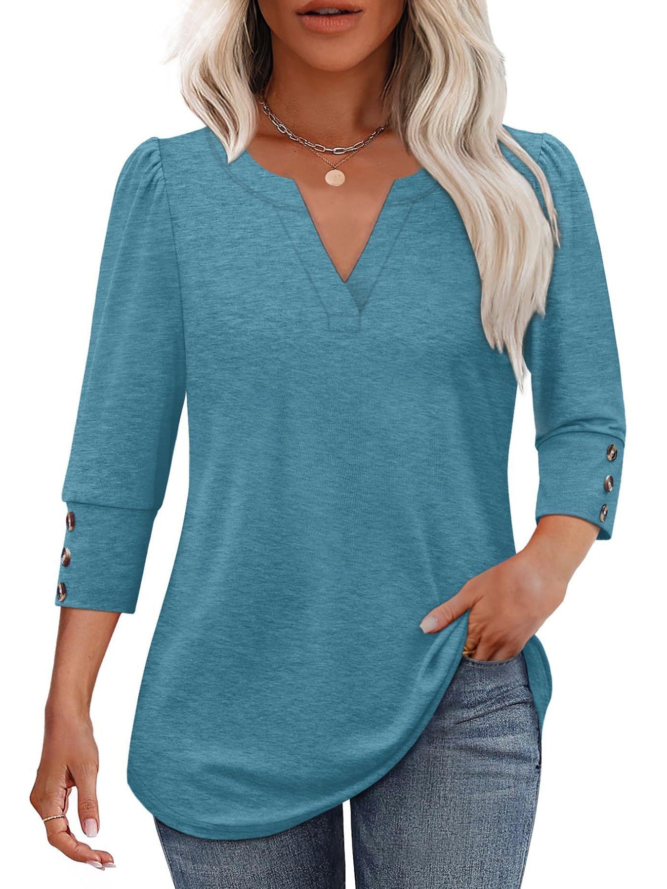 Street-wave Women's V-Neck Blouse With Decorative Button Details For Everyday Chic