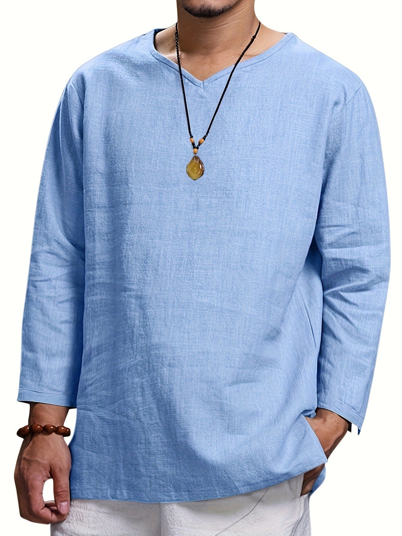 Street Wave Men's Casual V Neck Long Sleeve Shirt With Side Pockets Breathable Fabric