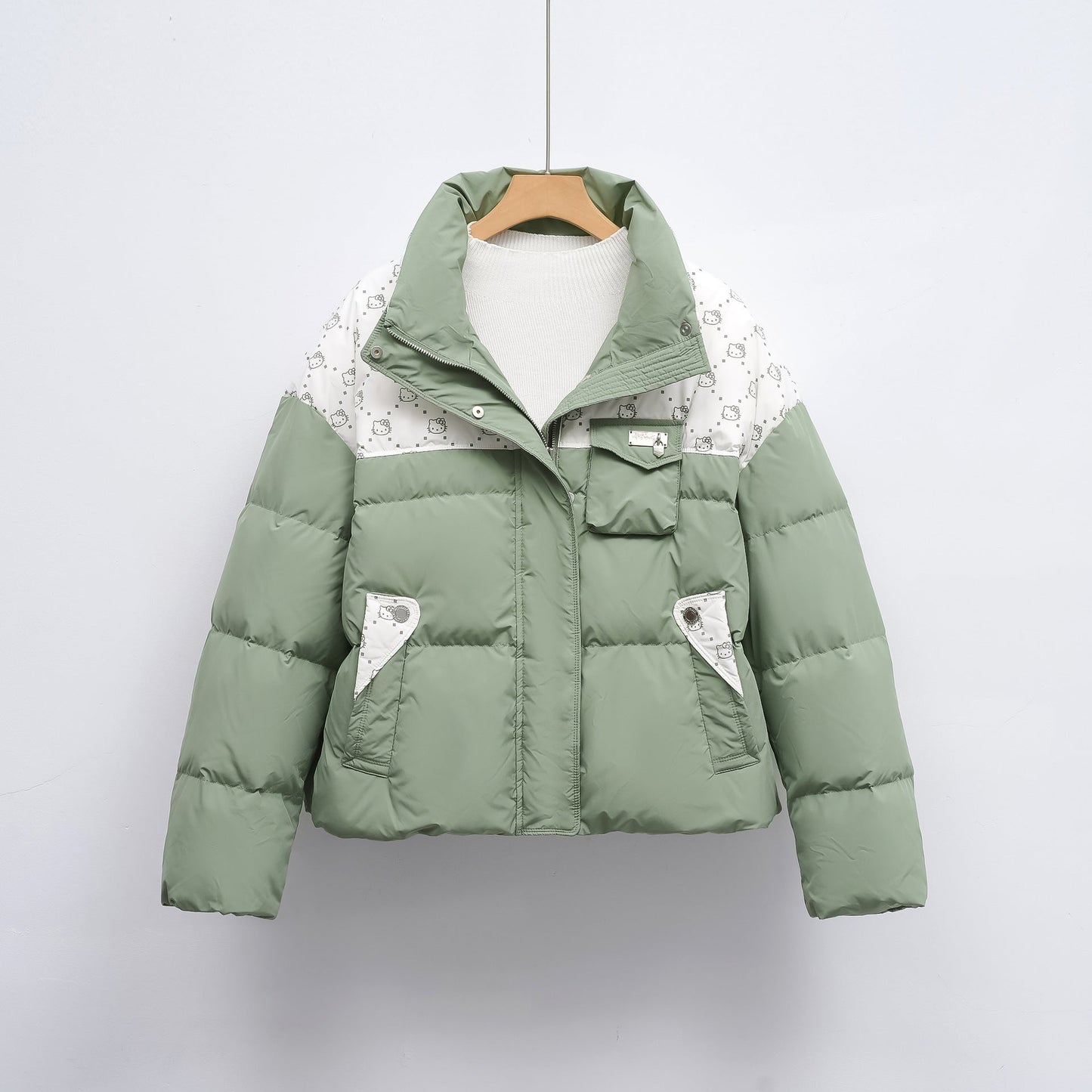 Streetwave Womens Puffer Jacket With High Collar And Hello Kitty Pattern Cozy Lined Winter Coat