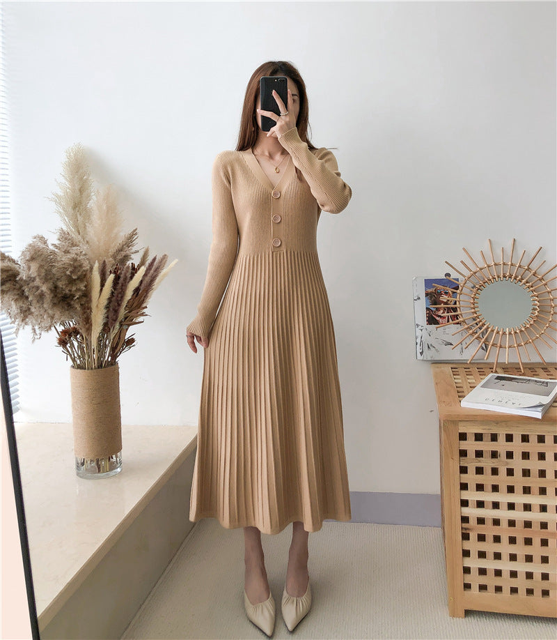 Street-wave Women's Knit Dress With Button Closure And Ribbed Texture Breathable Cotton Blend