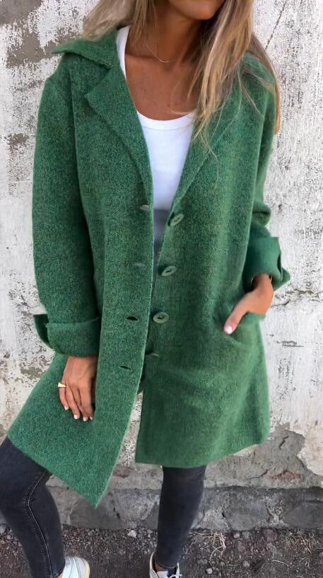 Street-Wave Women's Mid-Length Single-Breasted Wool Coat With Lapels And Pockets For Everyday Streetwear