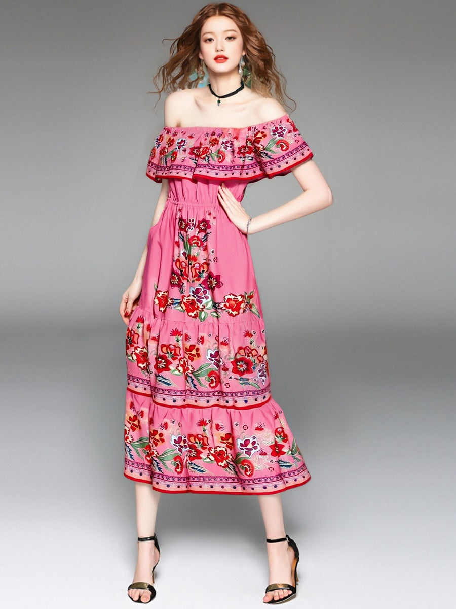 Street-Wave Floral Off Shoulder Maxi Dress With Ruched Bodice For Women