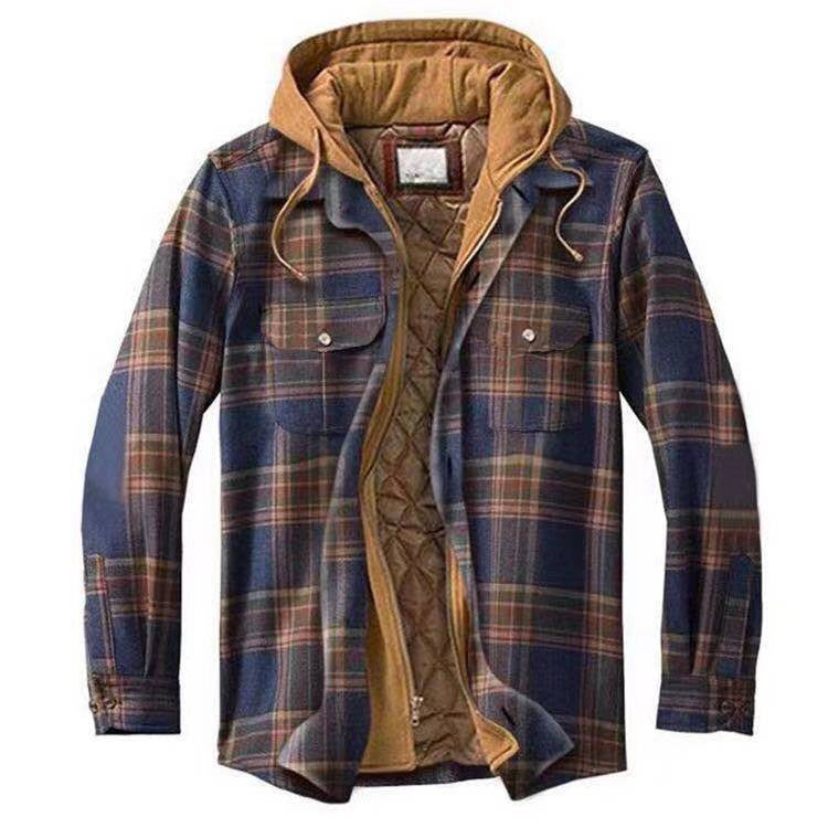 Street-Wave Mens Hooded Plaid Jacket With Thick Cotton Quilted Lining