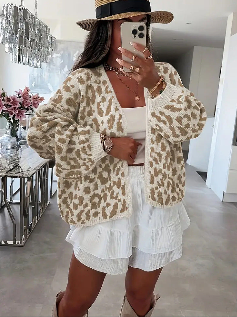 Street Wave Leopard Print Cardigan for Women Cozy Knit Relaxed Oversized Fit Chic