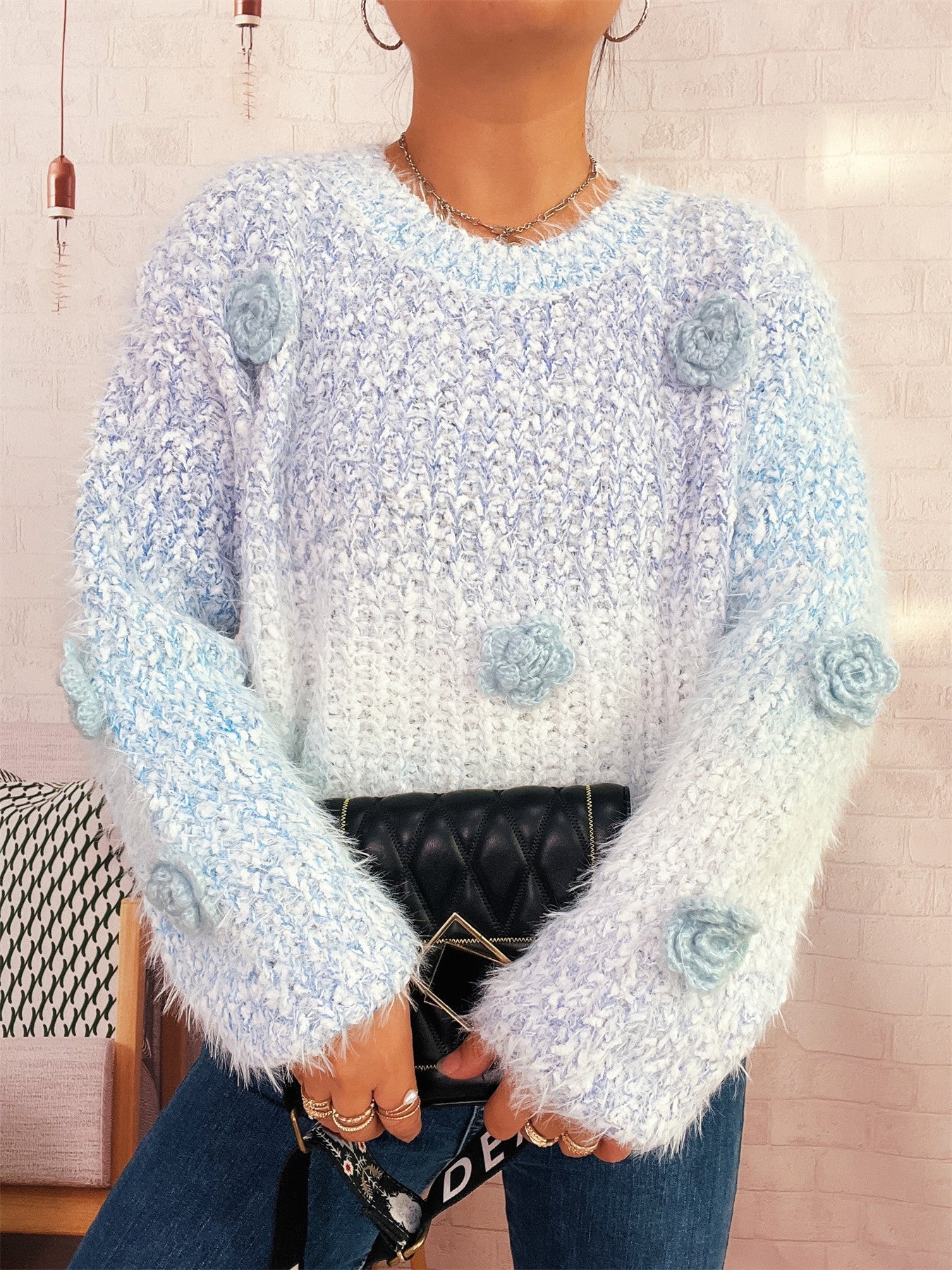 Street-Wave Cozy Fluffy Knit Sweater With Flower Appliques For Women Soft Gradient Yarn Warmth