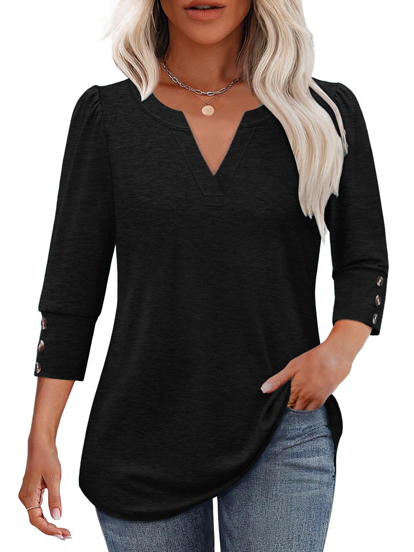 Street-wave Women's V-Neck Blouse With Decorative Button Details For Everyday Chic