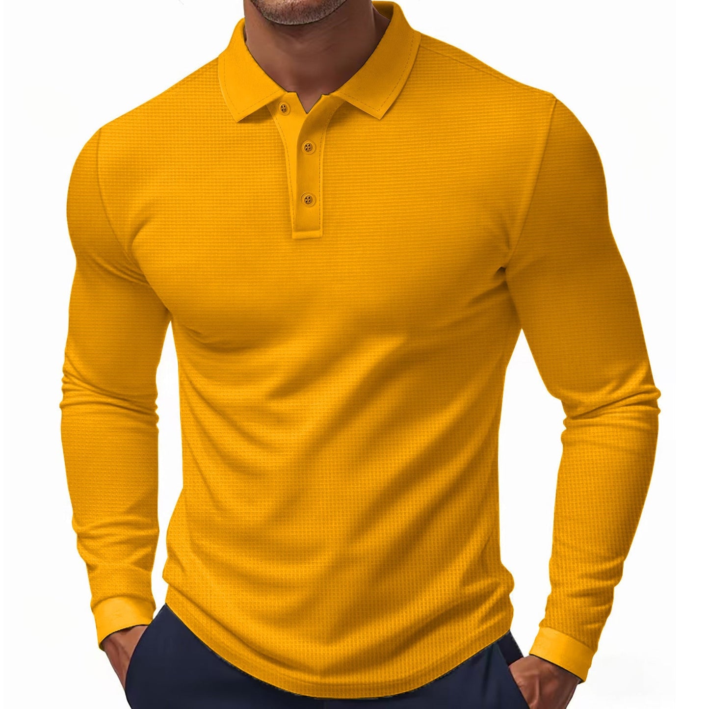 Street-Wave Men's Long Sleeve Polo Shirt With Structured Texture And Modern Fit, Breathable Comfort