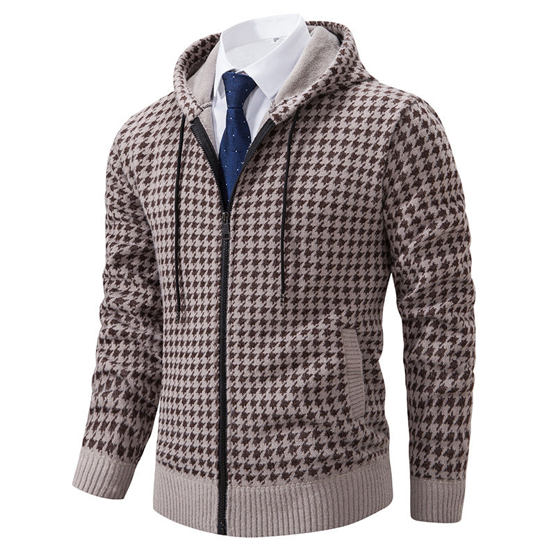 Street-wave Men's Hooded Knit Pullover With Classic Houndstooth Pattern Cozy Warmth