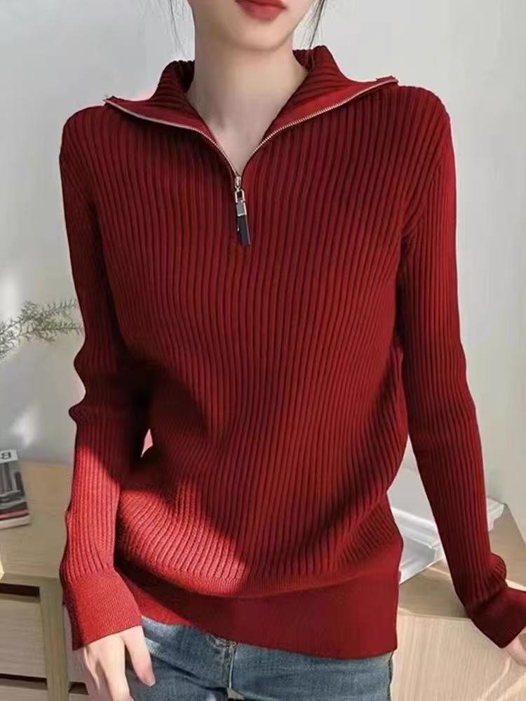 Street-wave Women's Ribbed Zip Neck Pullover With Stand Collar Luxurious Cozy Knit