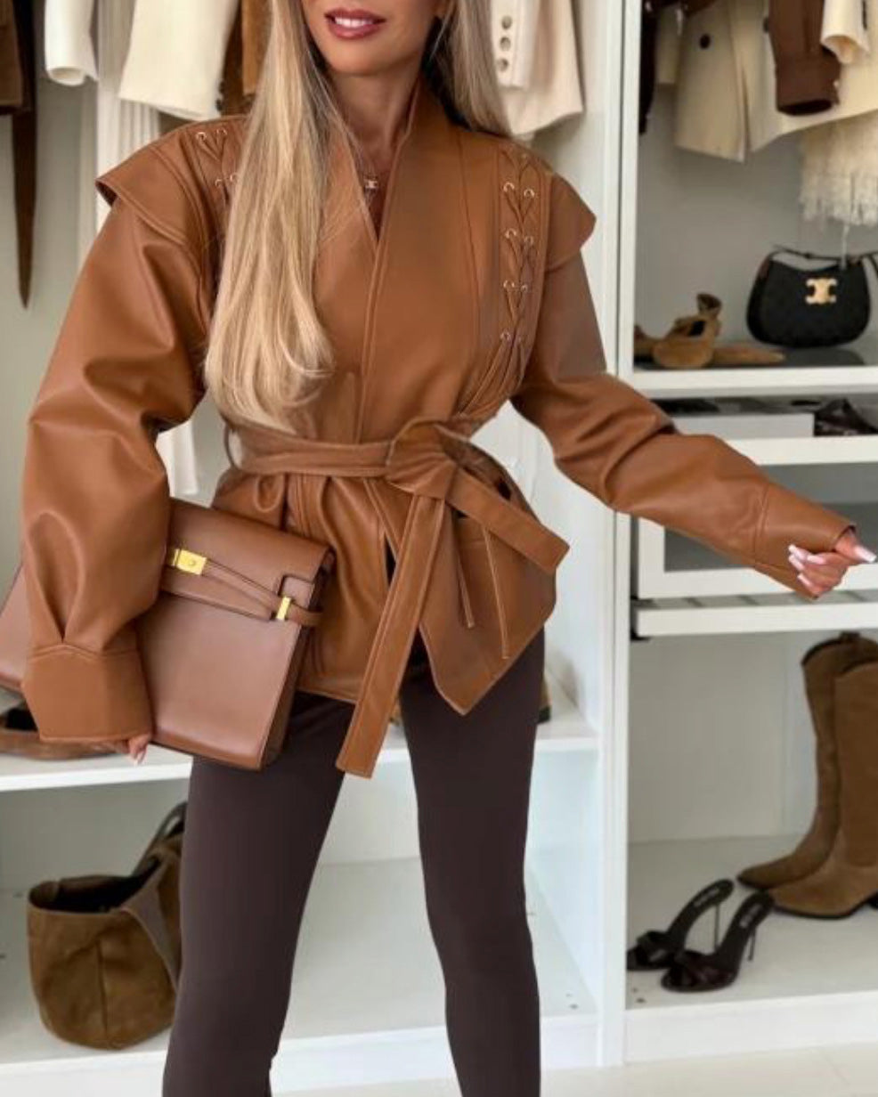 Street-wave Cropped PU Leather Jacket With Belt For Women, Asymmetric Hem, Chic Street Style