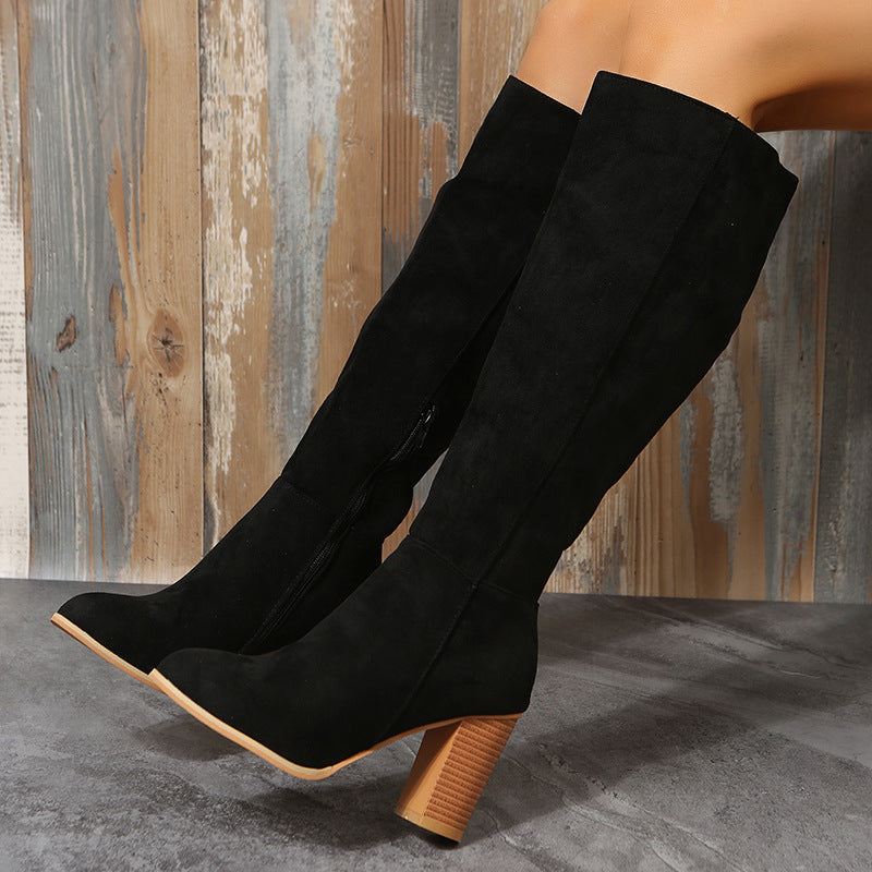 Street Wave Overknees Boots For Women With Suede Upper Elegant Block Heel And Non Slip Sole
