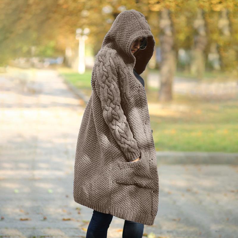 Street-wave Women Knit Cardigan Coat With Hood Cozy Cable Knit Button Front Pockets Chic Everyday