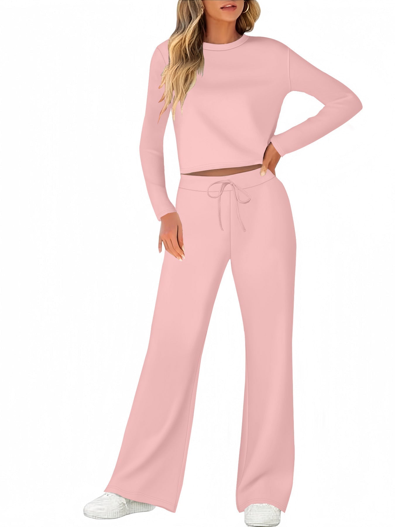 Street-Wave Women's Comfortable Wide-Leg Lounge Set With Long Sleeves For Relaxed Homewear
