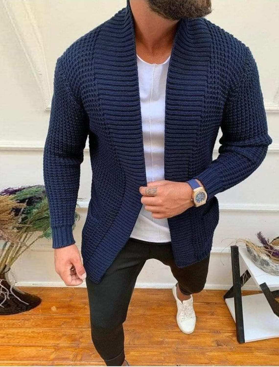 Men's Cardigan With Deep Shawl Collar And Textured Knit By Streetwave For Modern Urban Style And Comfort
