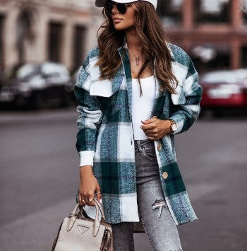 Street-Wave Women Plaid Overshirt Jacket With Practical Chest Pockets Soft Cotton Blend Casual Chic