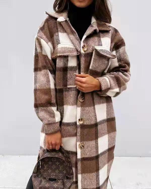 Street Wave Women's Plaid Oversized Shirt Coat With Practical Pockets For Everyday Warmth