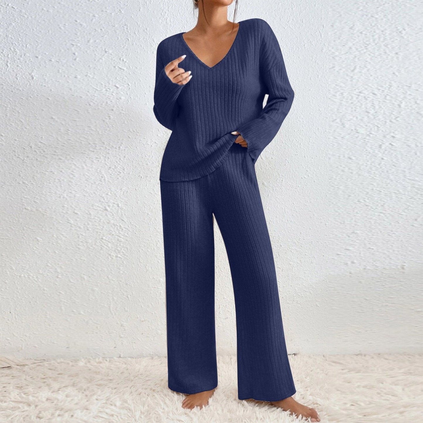 Street-wave Women Knit Loungewear Set Cozy Soft Knit V-Neck Top Wide-Leg Pants Comfortable Effortless Everyday