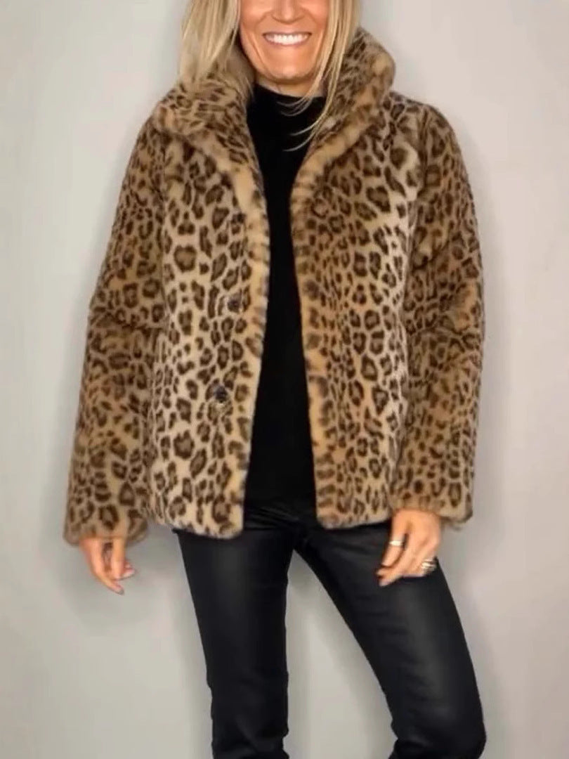 Street Wave Leopard Print Faux Fur Coat For Women Oversized Fit Lapel Collar Luxurious Style