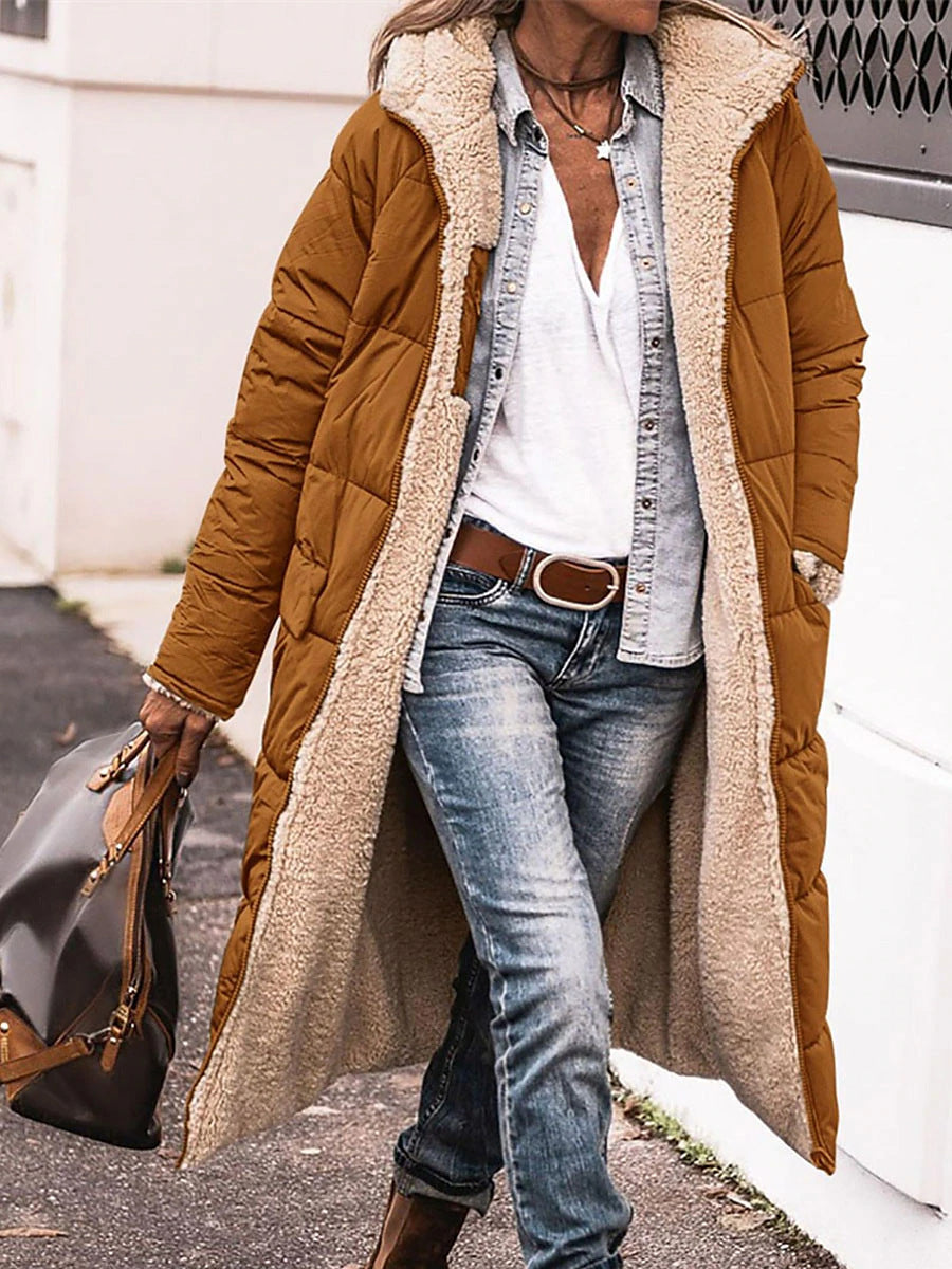Street-wave Women Long Puffer Jacket With Cozy Fleece Lining Hooded Insulated Comfort Winter Coat