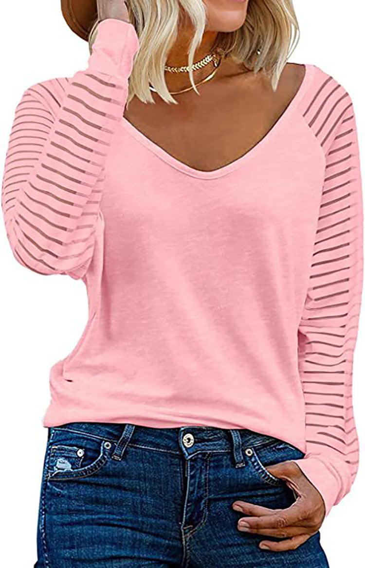 Street-wave Women V-Neck Long Sleeve Shirt With Striped Sleeves For Stylish Everyday Comfort