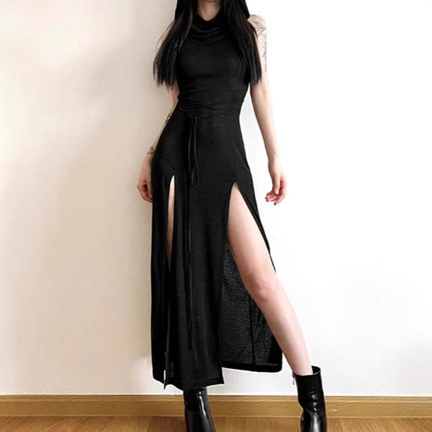 Street Wave Women Elegant Maxi Dress With High Slit And Hood For Sophisticated Evening Wear