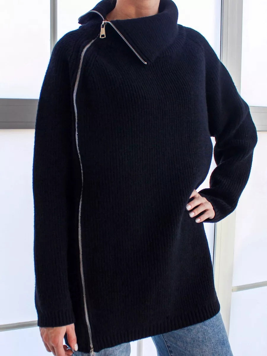 Street Wave Warm Diagonal Zip Knit Jacket For Women Cozy Stylish Winter Layer With Comfort