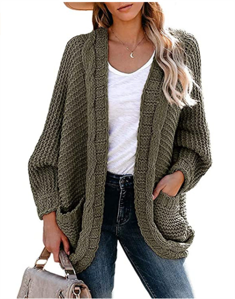 Street-Wave Women's Chunky Knit Cardigan With Relaxed Fit And Oversized Front Pockets Cozy Warmth For Everyday Wear